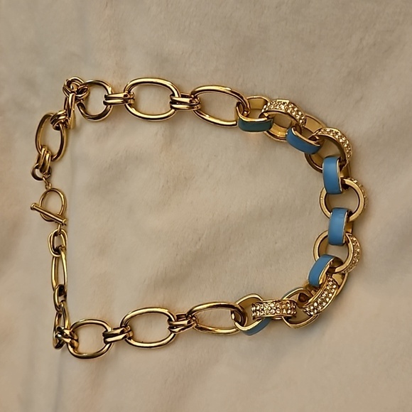 Vintage 1990s Chunky Rhinestone Turquoise Blue Enamel Circle Link Chain Necklace - Picture 2 of 7